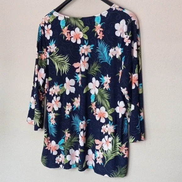 JM Collection Shirt 3X Popover Floral Leaf Tropical Print Shirt Long Sleeve - Picture 4 of 8